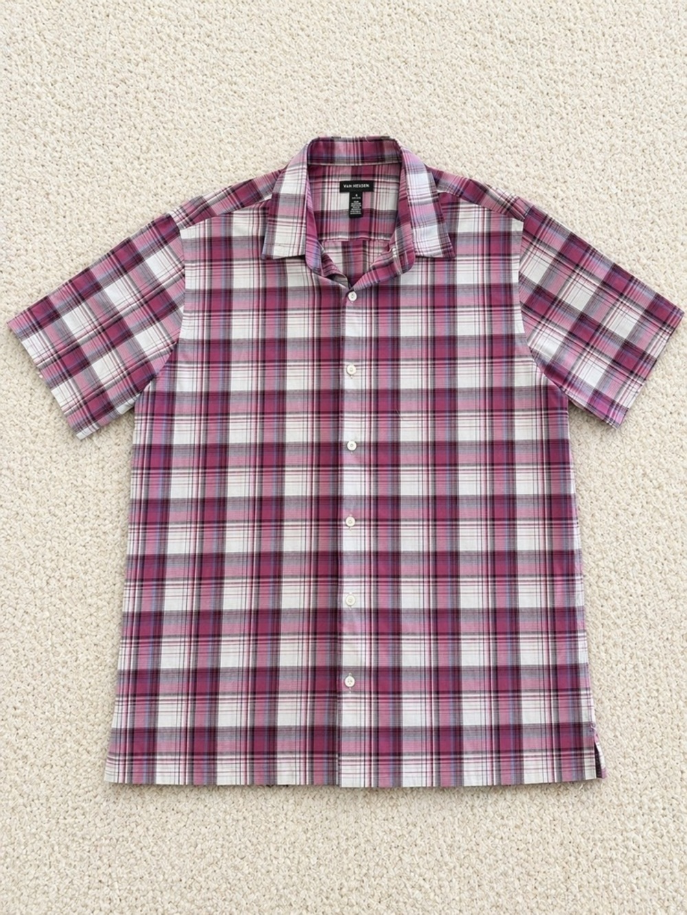 Van Heusen Plaid Short Sleeve Shirt Men L Burgundy Pink EUC